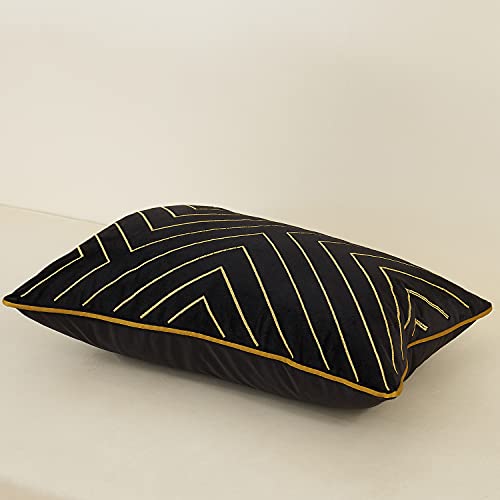 Avigers 12x20 Inch Black Velvet Lumbar Pillow Cover with Hidden Zipper - Geometric Design