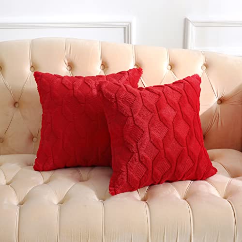 Christmas Faux Wool Pillow Covers 18x18 Inch Pack of 2 - Red