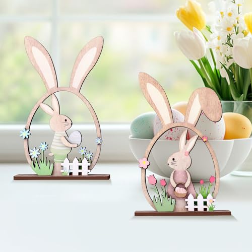 Easter Bunny Desk Ornaments - 2Pc Wooden Floral Decor Set