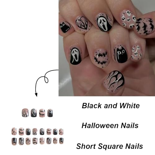 Halloween Short Square Press on Nails with Ghost Design 24Pcs