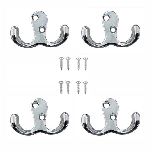 Wacnune Silver Large Heavy-Duty Double Coat Hooks Wall Mount with Screws, 4-Pack