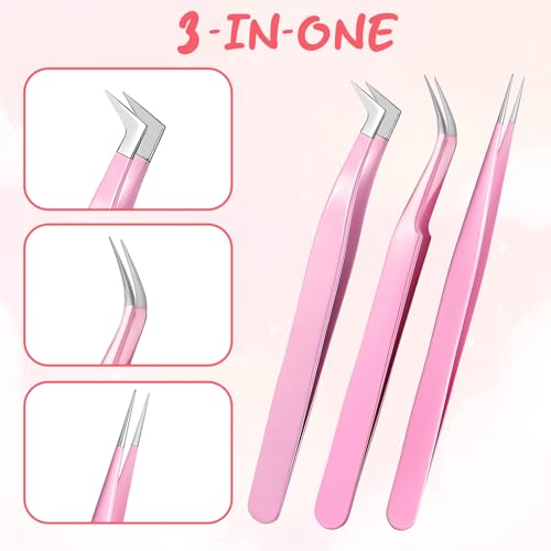 Xelsluthe 3-Piece Stainless Steel Eyelash Extension Tweezers Set, Straight and Curved Precision Lash Tools for Volume Lashes and Nail Art