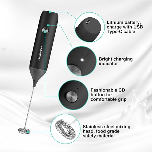 HAUSHOF Handheld Rechargeable Milk Frother - Portable Electric Whisk for Lattes & Cappuccinos