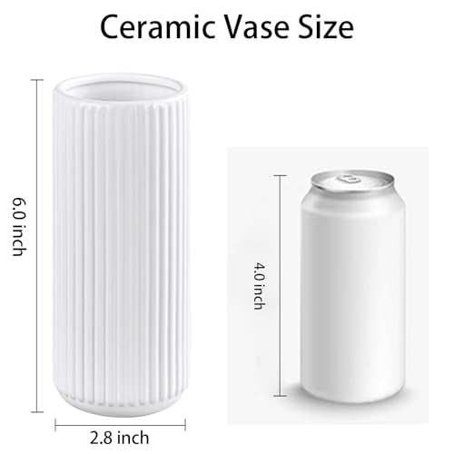 TIMEFOTO White Ceramic Flower Vase 6 Inch - Small Decorative Ribbed Centerpiece for Home & Office