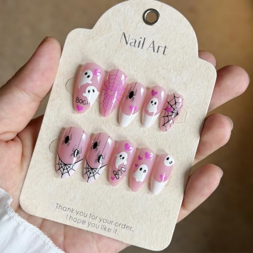Ghost Spider Web Press On Nails Short Almond Halloween Fake Nails 30Pcs