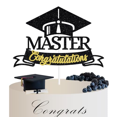 Black Glitter Graduation Cake Topper - Congrats Grad Decoration