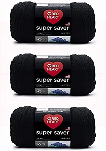 Red Heart Super Saver Yarn, Worsted Weight Size 4, Black, 3-Pack