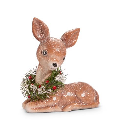 Woodland Fawn Figurine with Holiday Wreath - 6 Inch Resin Christmas Decor