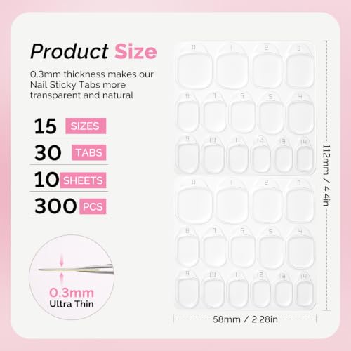 MelodySusie Nail Adhesive Tabs for Press On Nails, 300Pcs 15 Sizes
