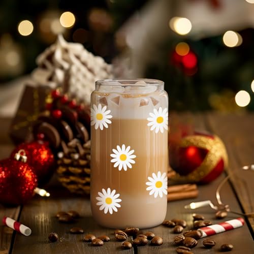 Daisy Aesthetic Coffee Cup with Lid & Straw - 16 oz Glass, White