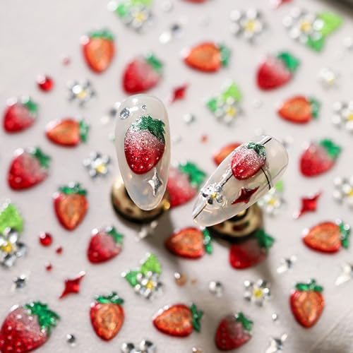 TailaiMei Embossed Strawberry Nail Stickers 5D Fruit Art Decals