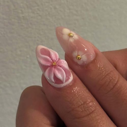 Flower French Tip Press On Nails Medium Almond Pink Fake Nails With Rhinestones