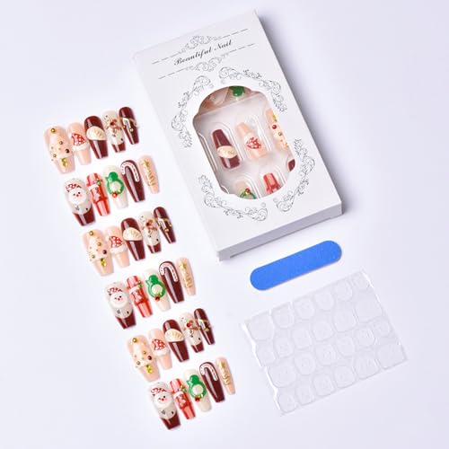 Christmas Press on Nails Medium Square French Tip Fake Nails with 3D Beads