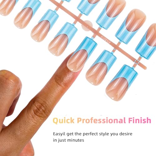 CHANGAR 150Pcs Rainbow Rectangle French Gel Nail Tips, Pre-Applied Base Coat Press On Nails