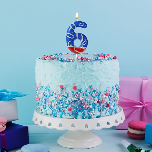 Blue Number 6 Birthday Candle with Gold Ring Print