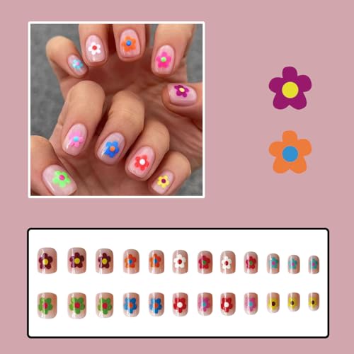 IMSOHOT Short Square Press on Nails Colorful Flower Fake Nails 24Pcs