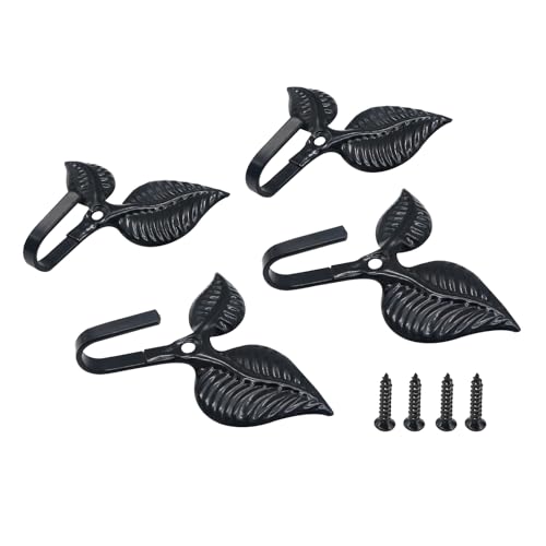 4-Pack Black Iron Leaf Wall Hooks - Heavy Duty Towel Hooks, 2.94 Inches