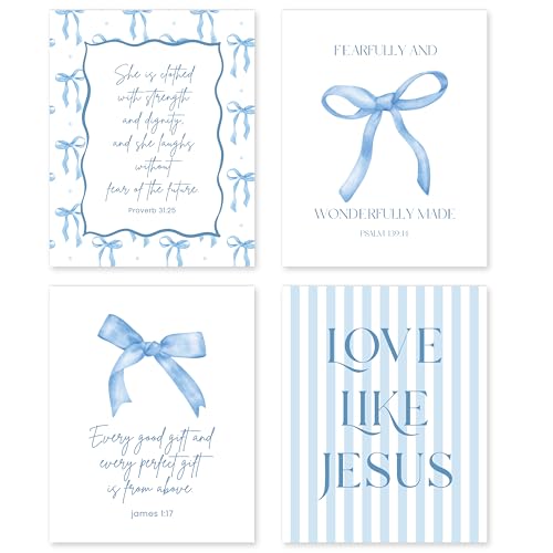 Blue Bow Wall Art Set - 4PCS Bible Verse Posters for Bedroom Decor