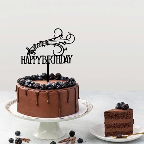 Musical Note Happy Birthday Cake Topper - Black Acrylic Decoration