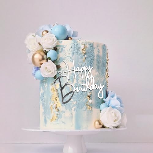 24PCS Silver Happy Birthday Cake Toppers | Mirrored Acrylic Decorations Set