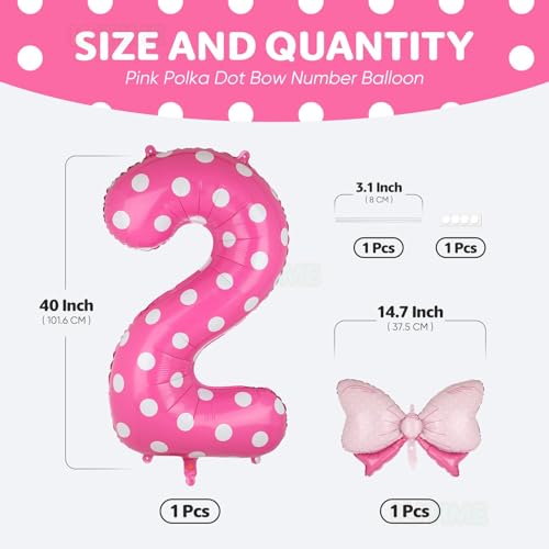 40 Inch Pink Number 2 Foil Balloon with Polka Dot Bow for 2nd Birthday