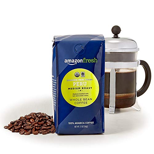 Amazon Fresh Organic Peru Whole Bean Coffee, Medium Roast, 12 Oz (Pack of 3)