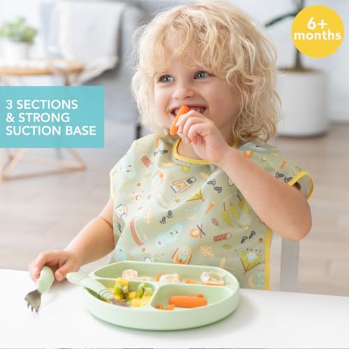 Bumkins Silicone Suction Plate - Divided Grip Dish for Toddlers (Gray/Sage)