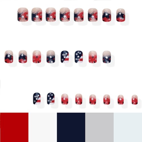 Hiynef 4th of July Short Square Press On Nails – Red & Blue Gradient with Silver Star & Glitter Acrylic False Nails (24 Pcs)