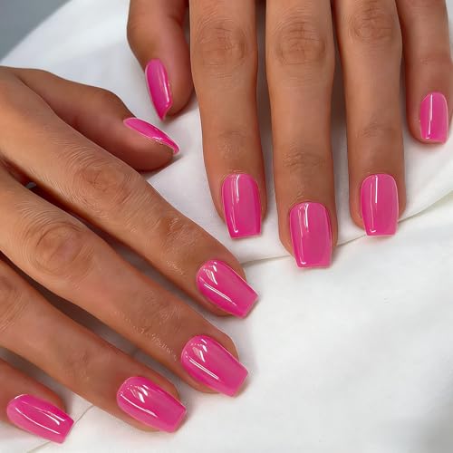 KXAMELIE Hot Pink Short Coffin Press On Nails - 30 Pcs Glossy Soft Gel False Nails