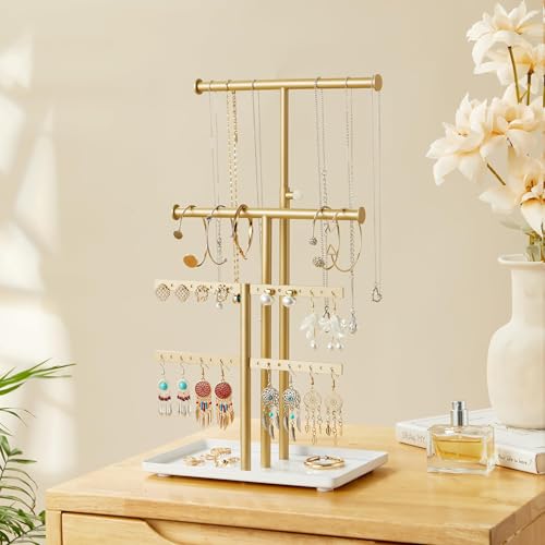 Adjustable Metal Jewelry Holder Organizer Stand for Necklaces & Bracelets (Gold)