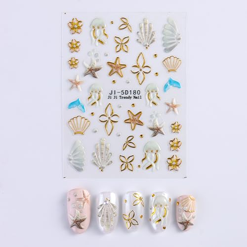 5D Embossed Summer Ocean Nail Art Stickers Self-Adhesive Beach Decals