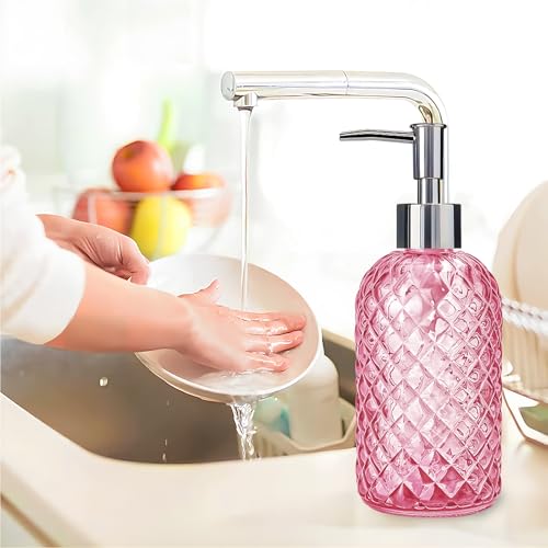 Pink Diamond-Textured Glass Soap Dispenser, 400ml Refillable Lotion Bottle