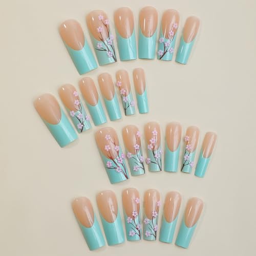 Blue French Tip Long Square Press on Nails with Plum Blossom Design