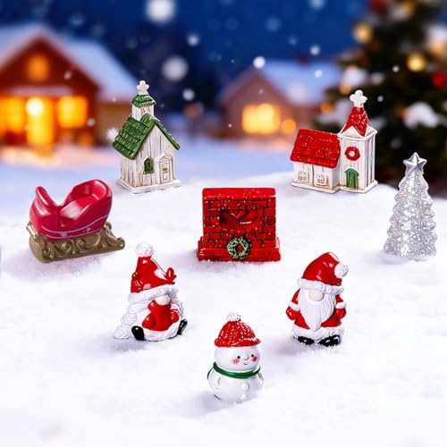 Set of 8 Mini Christmas Village Figurines - Santa, Snowman, Houses & Gnome Ornaments - Village Themed