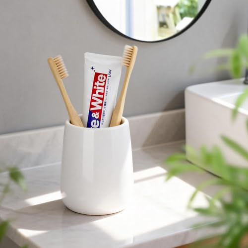 White Ceramic Toothbrush Holder - 1pc Sleek Bathroom Storage