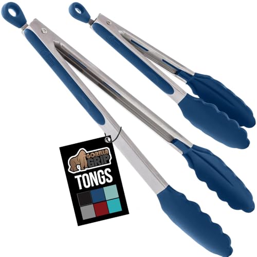 GORILLA GRIP Stainless Steel Kitchen Tongs, 7" & 9" Set, Blue Silicone Heads