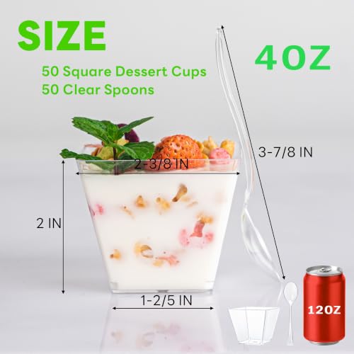 50 Pack 4oz Clear Mini Dessert Cups with Spoons - Reusable Appetizer Bowls