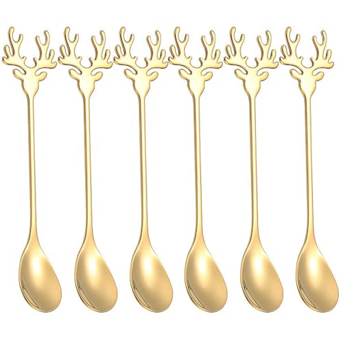 6 Inch Christmas Elk Deer Stainless Steel Dessert Spoons - Gold Set of 6
