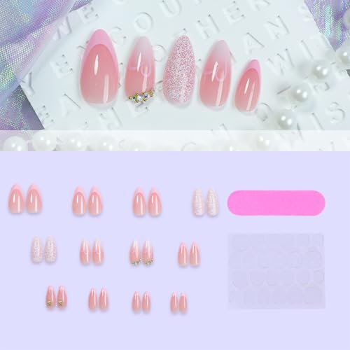 Valentine Press On Nails Medium Almond Pink Gradient Heart Rhinestone 24Pcs