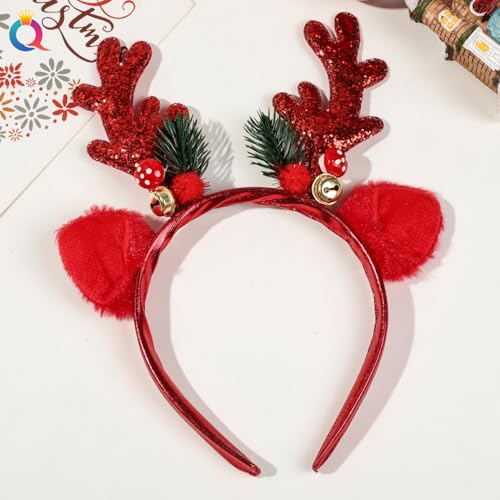 Christmas Deer Antler Headband with Plush Ears and Golden Bells