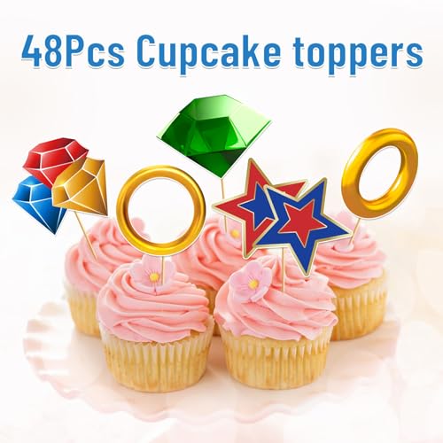 48pcs Blue Hedgehog Cupcake Toppers for Video Game Parties