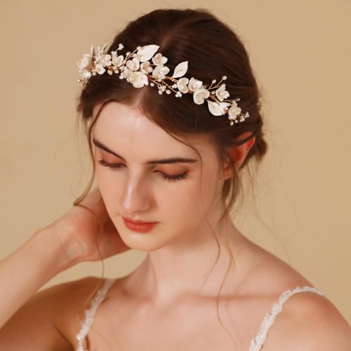 SELFCLOUD Gold Bridal Headband with Handmade Resin Flowers and Pearls