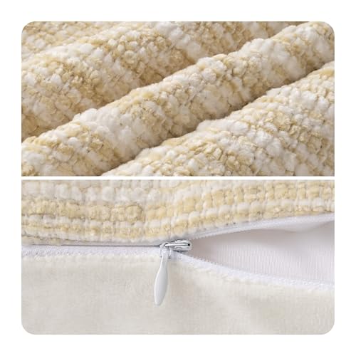 AELS 20x20 Beige Chenille Striped Throw Pillow Covers, Set of 2, Boho Style