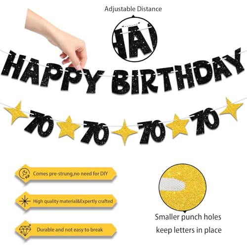 Black and Gold 70th Birthday Banner - Pre-Strung Party Decoration Sign