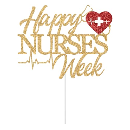 Happy Nurses Week Cake Topper - Gold & Red Glitter Decoration