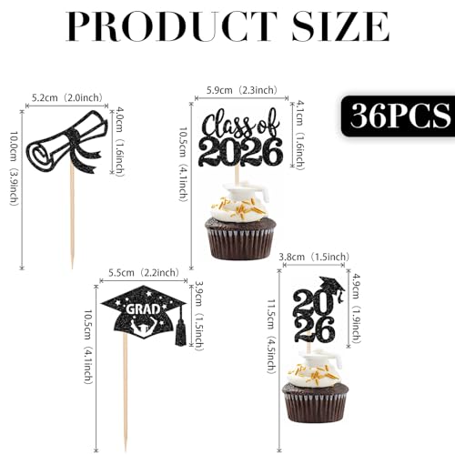 36 PCS Class of 2026 Graduation Cupcake Toppers - Black Glitter
