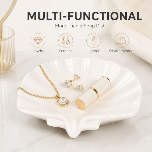 Self-Draining Ceramic Soap Dish - Seashell Design for Bathroom