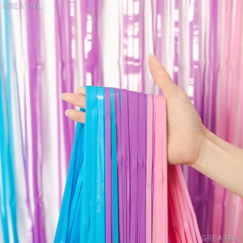 GREATRIL Pastel Tinsel Backdrop - Blue Purple Pink Fringe Curtain for Party