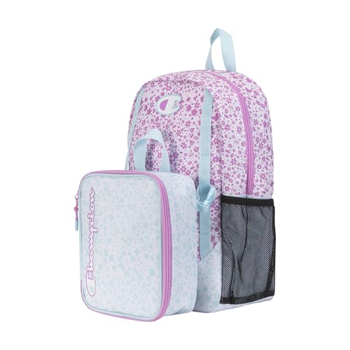 Champion Mode 2-Piece Backpack and Insulated Lunch Box Combo Set with Laptop Compartment, Padded Straps, Water Bottle Pocket, Pink/Blue, One Size