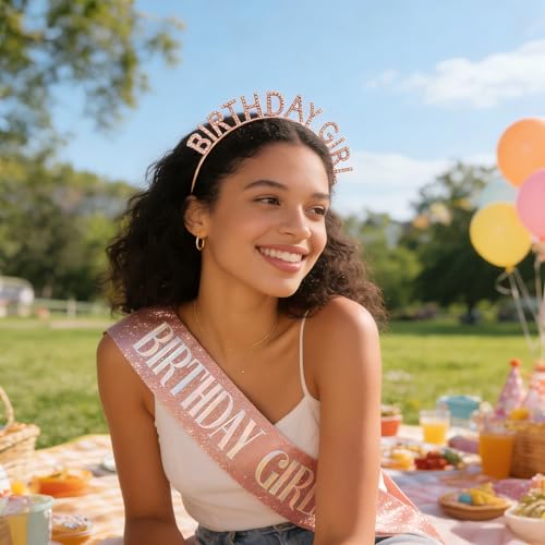 CIEHER Birthday Girl Tiara Headband and Rose Gold Glitter Sash Set
